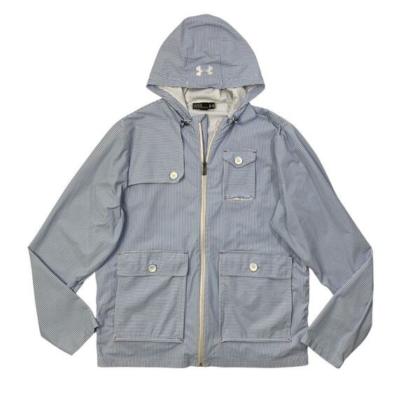 Under Armour Jacket Mens L Large Blue Striped Seersucker Hooded Vented Pockets - Picture 1 of 12